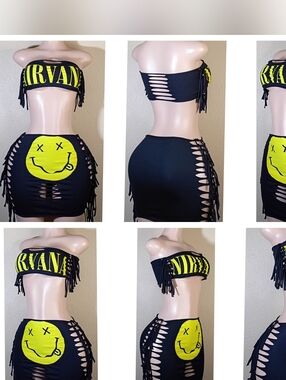 NIRVANA Black Custom Strapless Fringe Mini Skirt Set with Yellow Smiley Graphic
